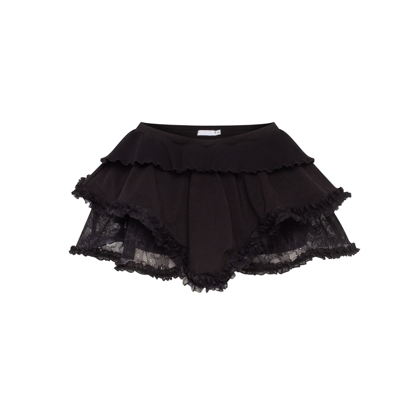 Black lace-trim skort with layered ruffle hem and scalloped edges