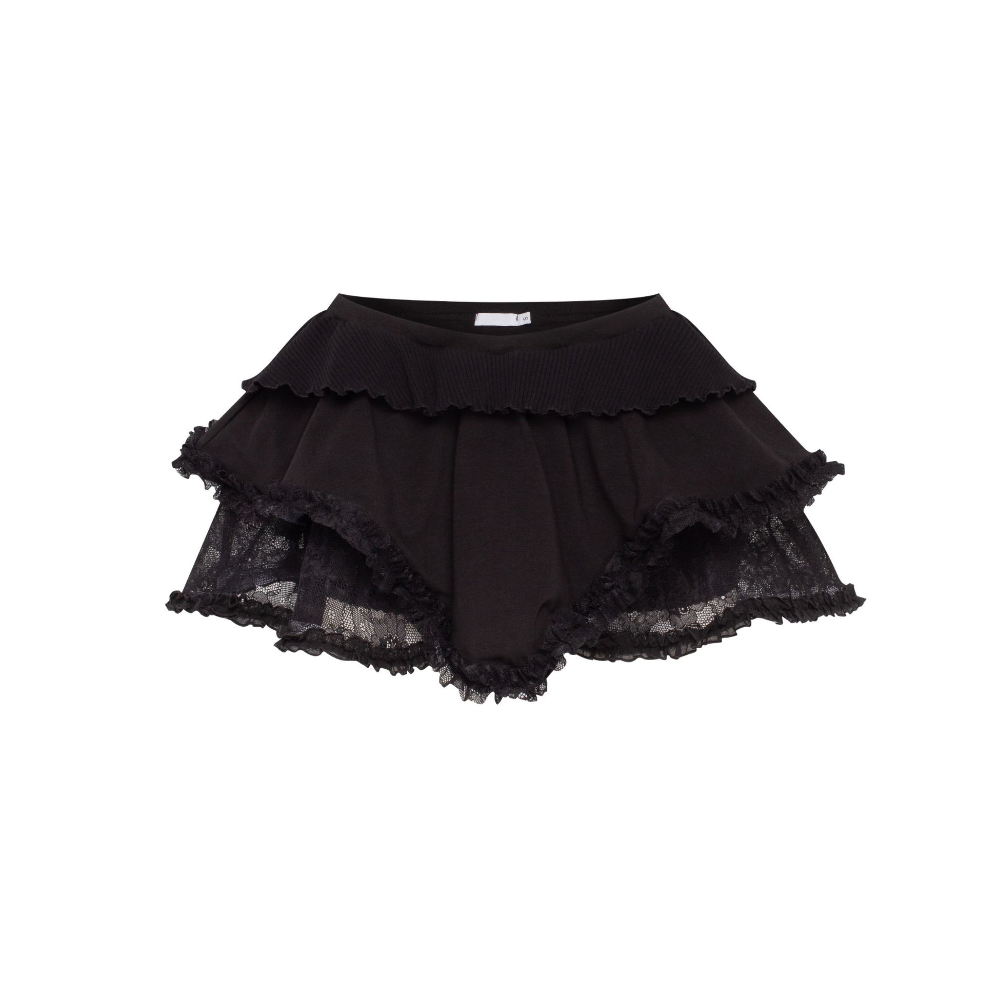 Black lace-trim skort with layered ruffle hem and scalloped edges
