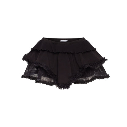 Black lace-trim skort with layered ruffle hem and scalloped edges