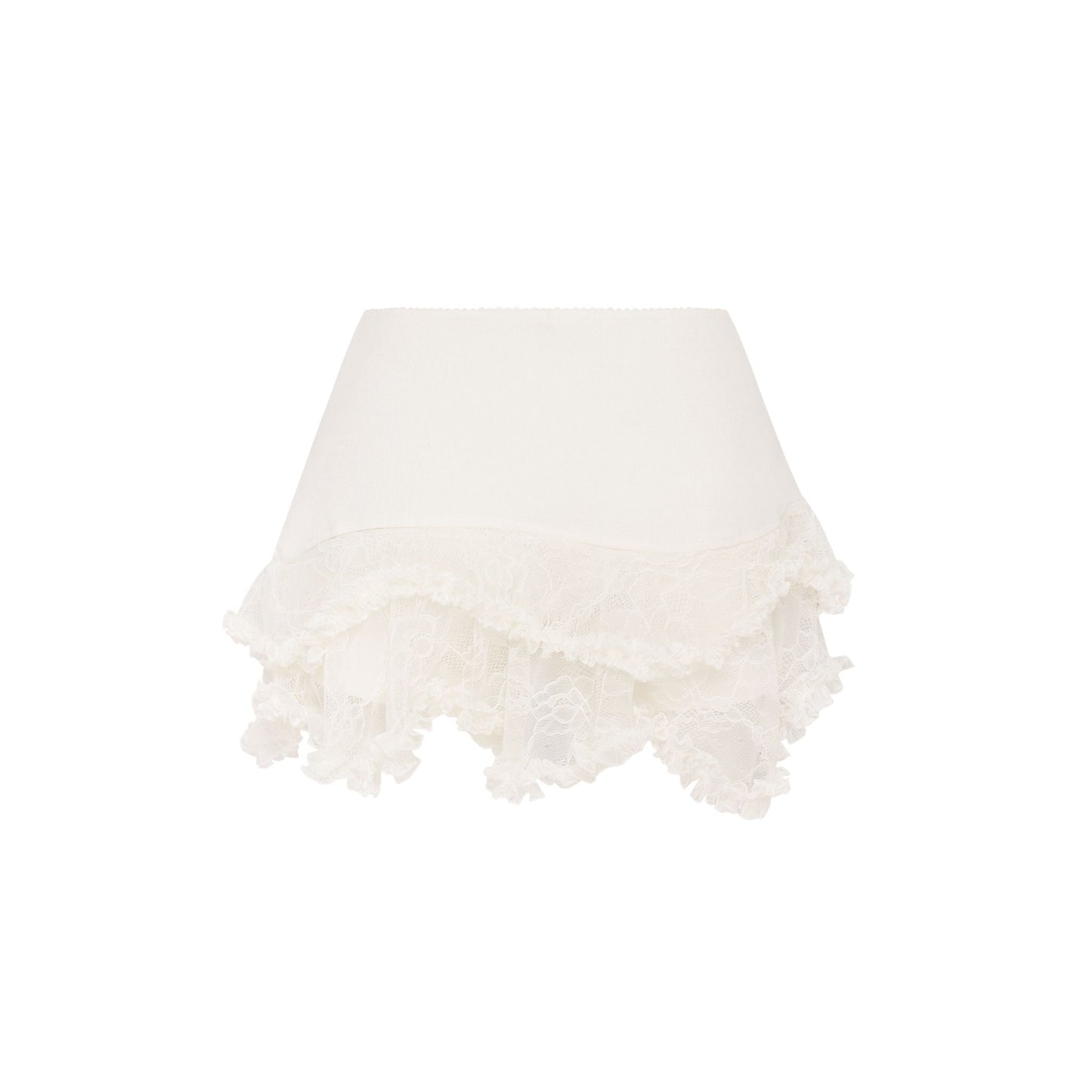White double skort, wide waist and layered ruffle trim at hem