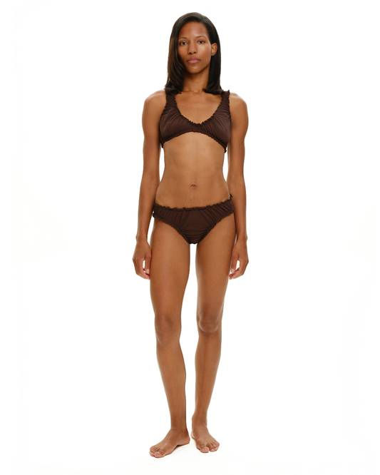 Ruched brown bralette top with scalloped neckline and gathered trim