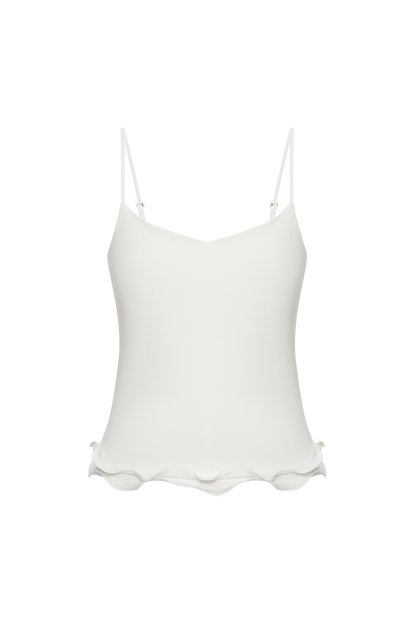 White double-layer camisole tank with spaghetti straps and ruffled hem