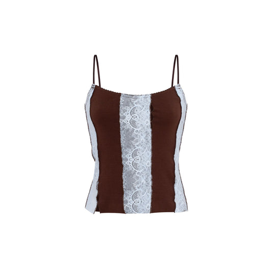 Tank Top in Brown with Blue Lace