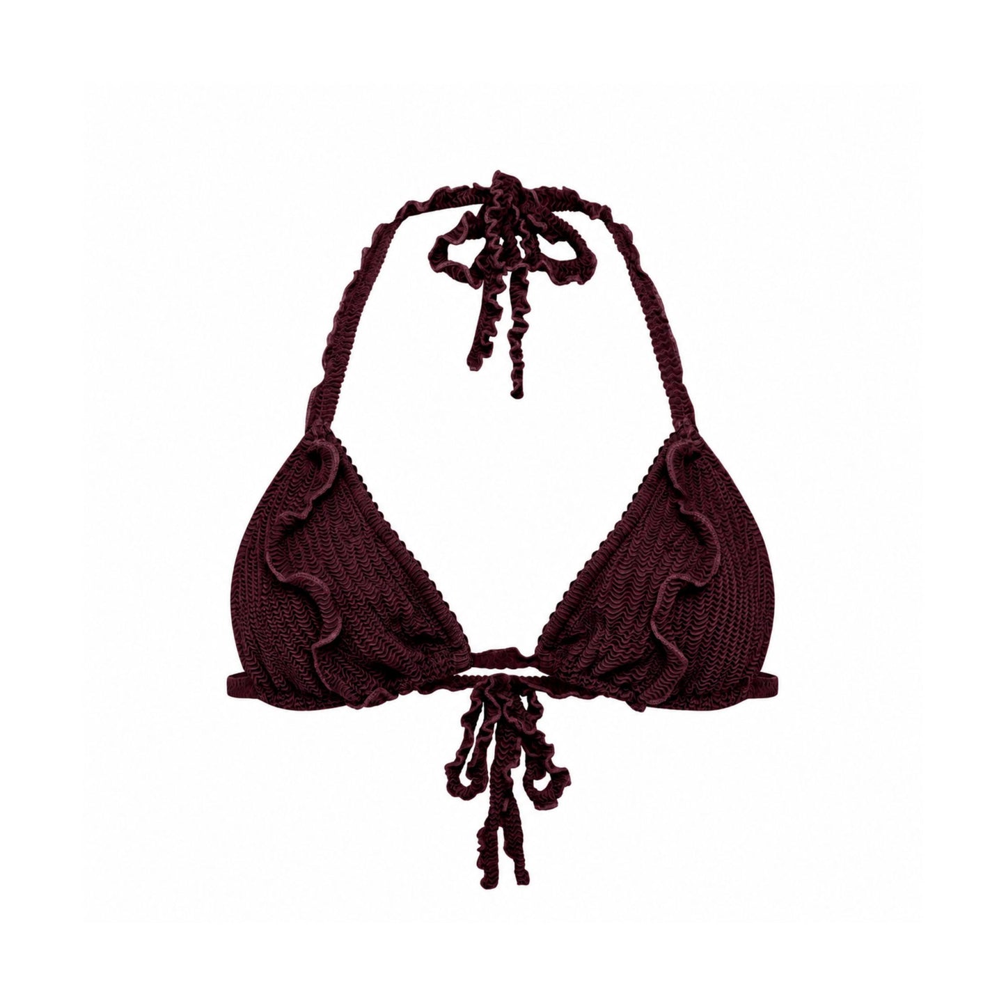 Brown bikini top with triangle cups, ruffled edges, and tie at center and neck.