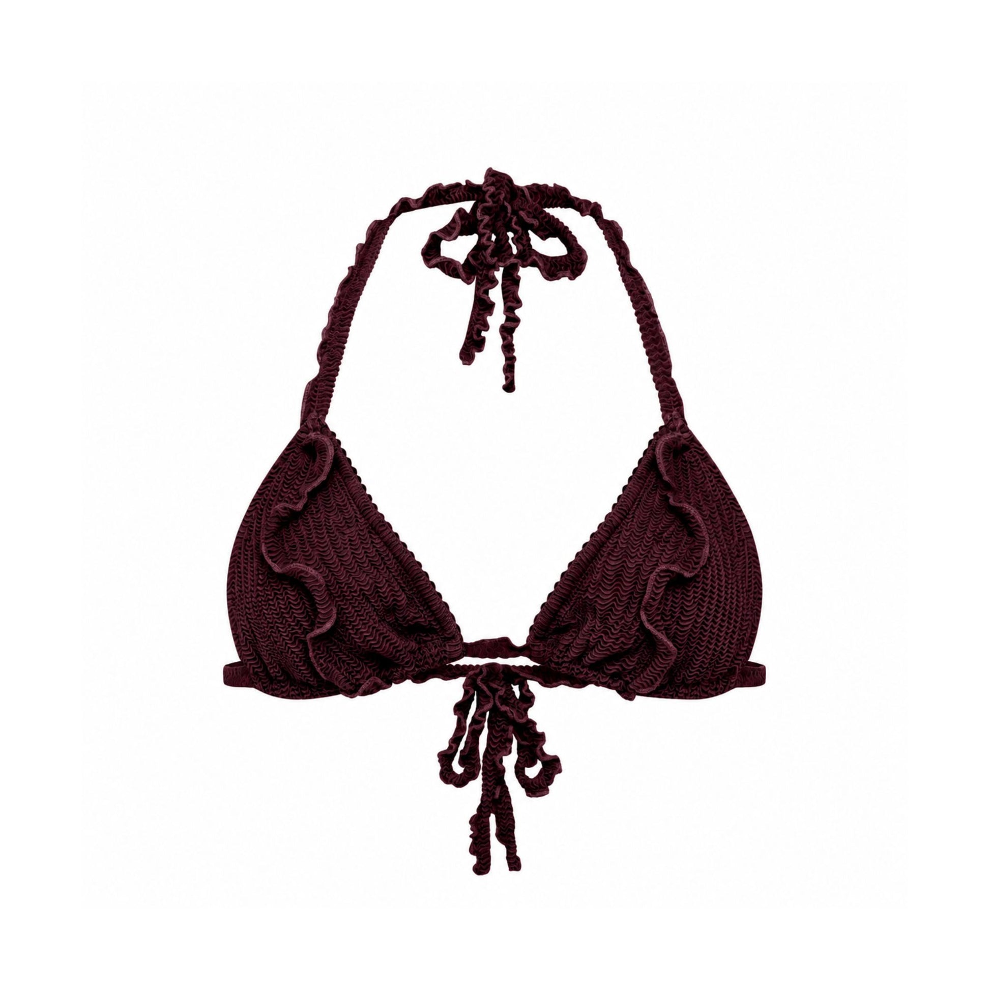 Brown bikini top with triangle cups, ruffled edges, and tie at center and neck.