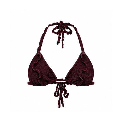 Brown bikini top with triangle cups, ruffled edges, and tie at center and neck.