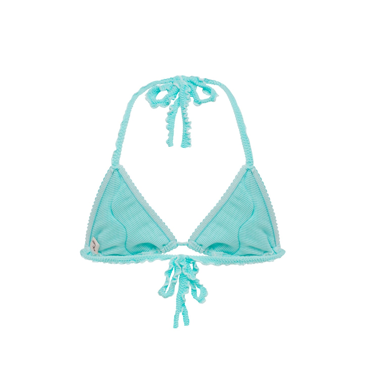 Mint triangle bikini top with tie-back straps and tassel string