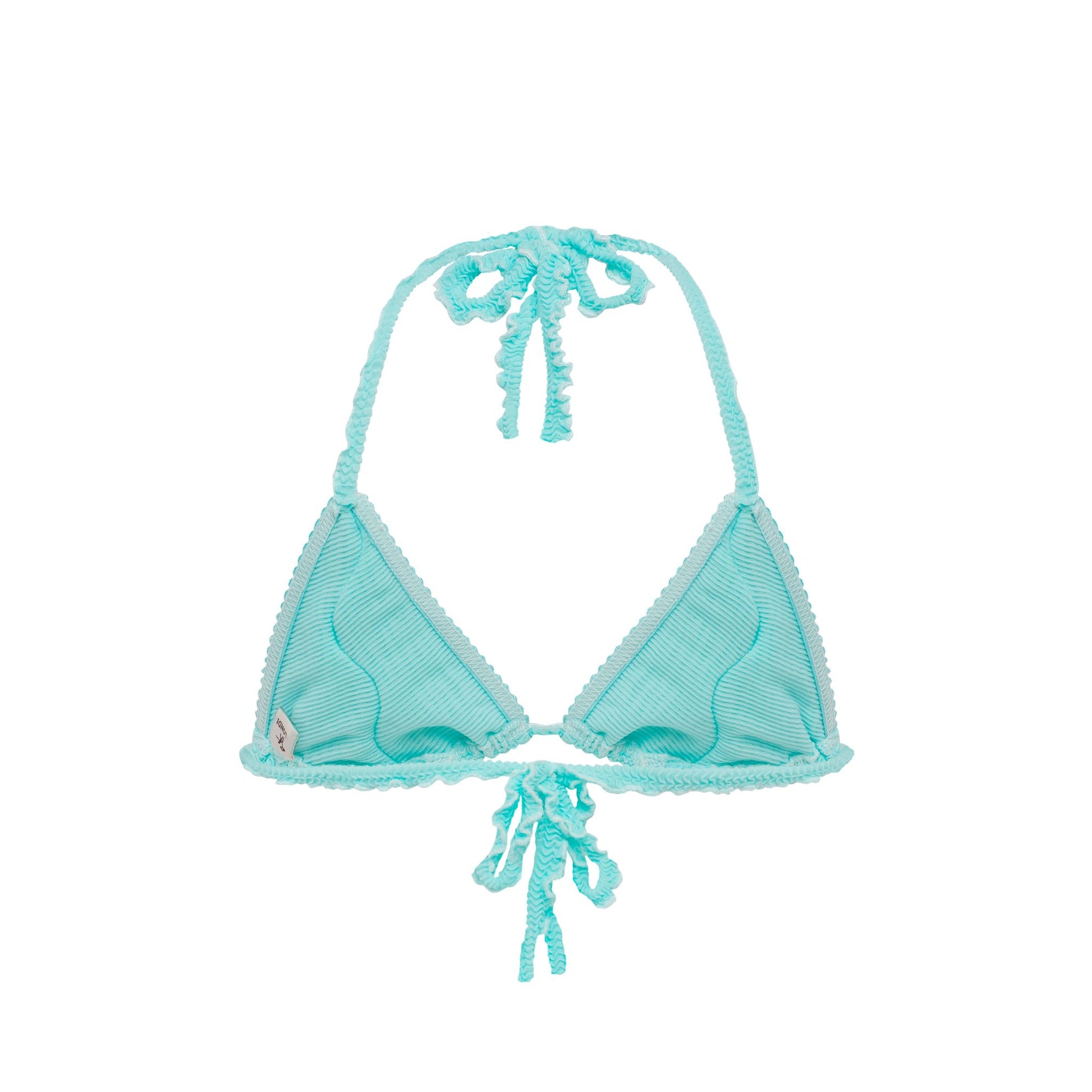 Mint triangle bikini top with tie-back straps and tassel string