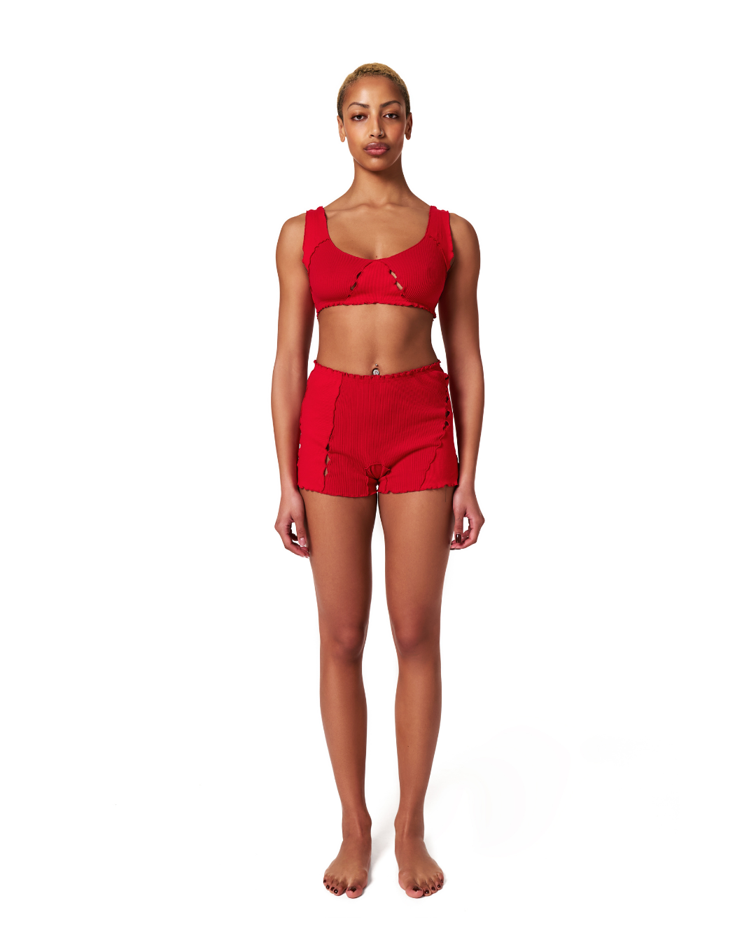 Red ribbed bralette top with square neckline and stitched eyelet cutout detail