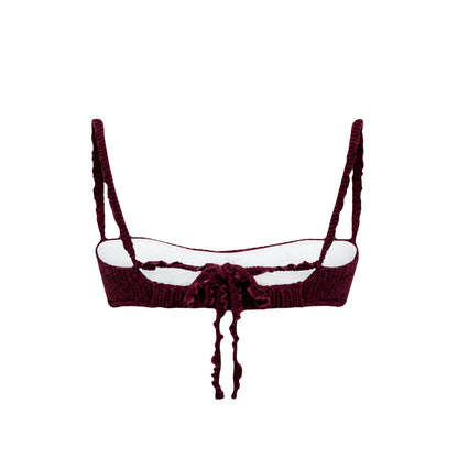 Wave-textured bikini top in dark burgundy with tie straps and center bow
