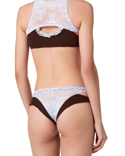 Double Tanga Panties in Brown with Blue Lace