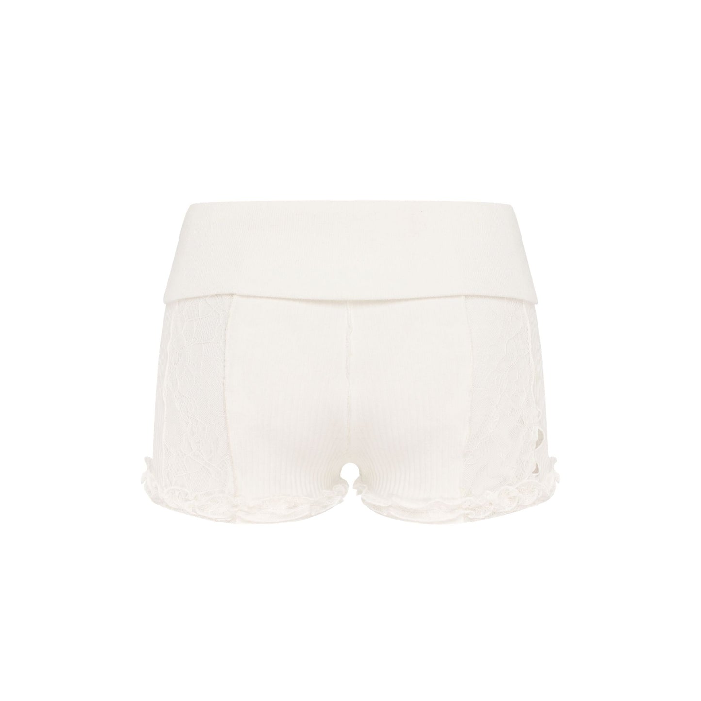 White lace shorts, sheer look with scalloped leg openings