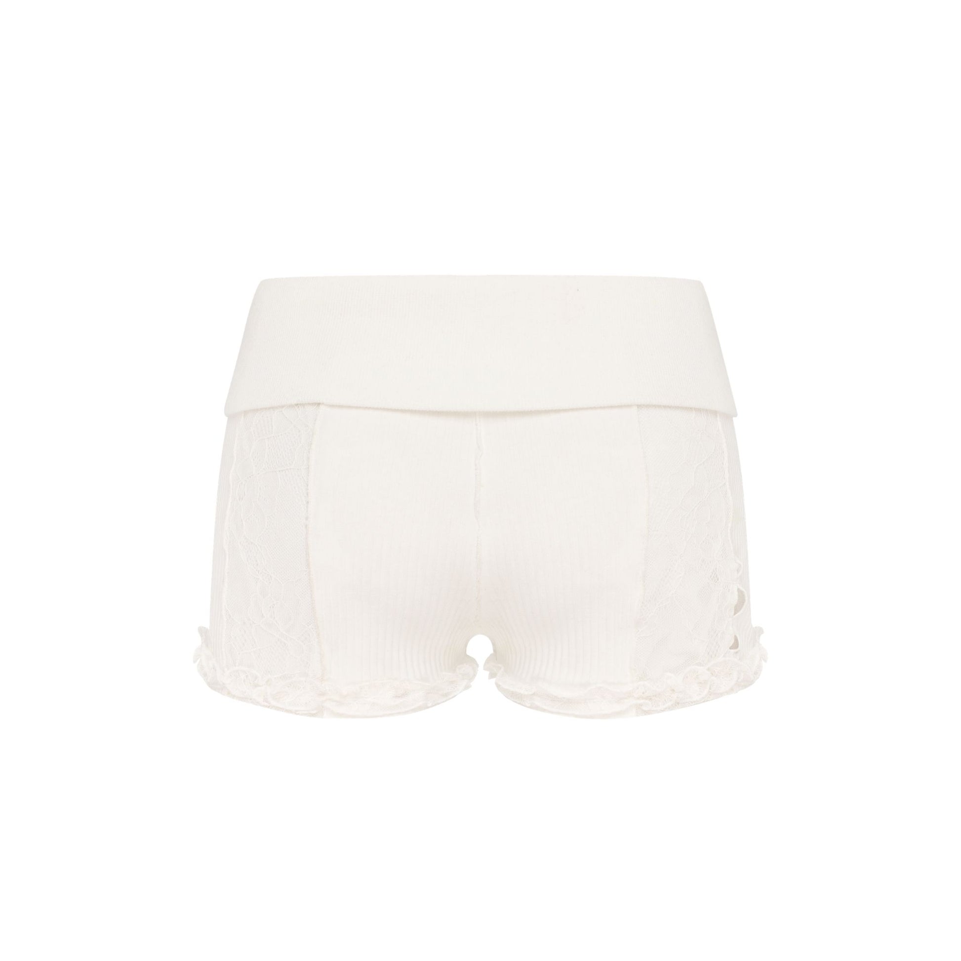 White lace shorts, sheer look with scalloped leg openings