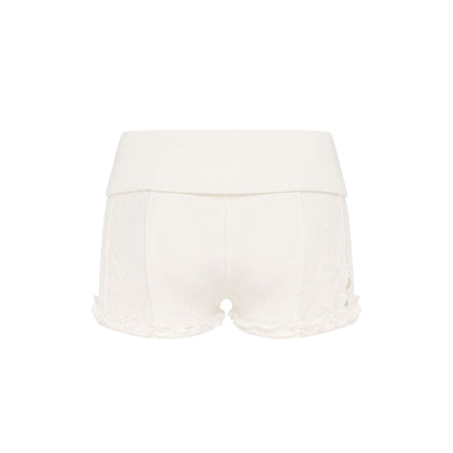 White lace shorts, sheer look with scalloped leg openings