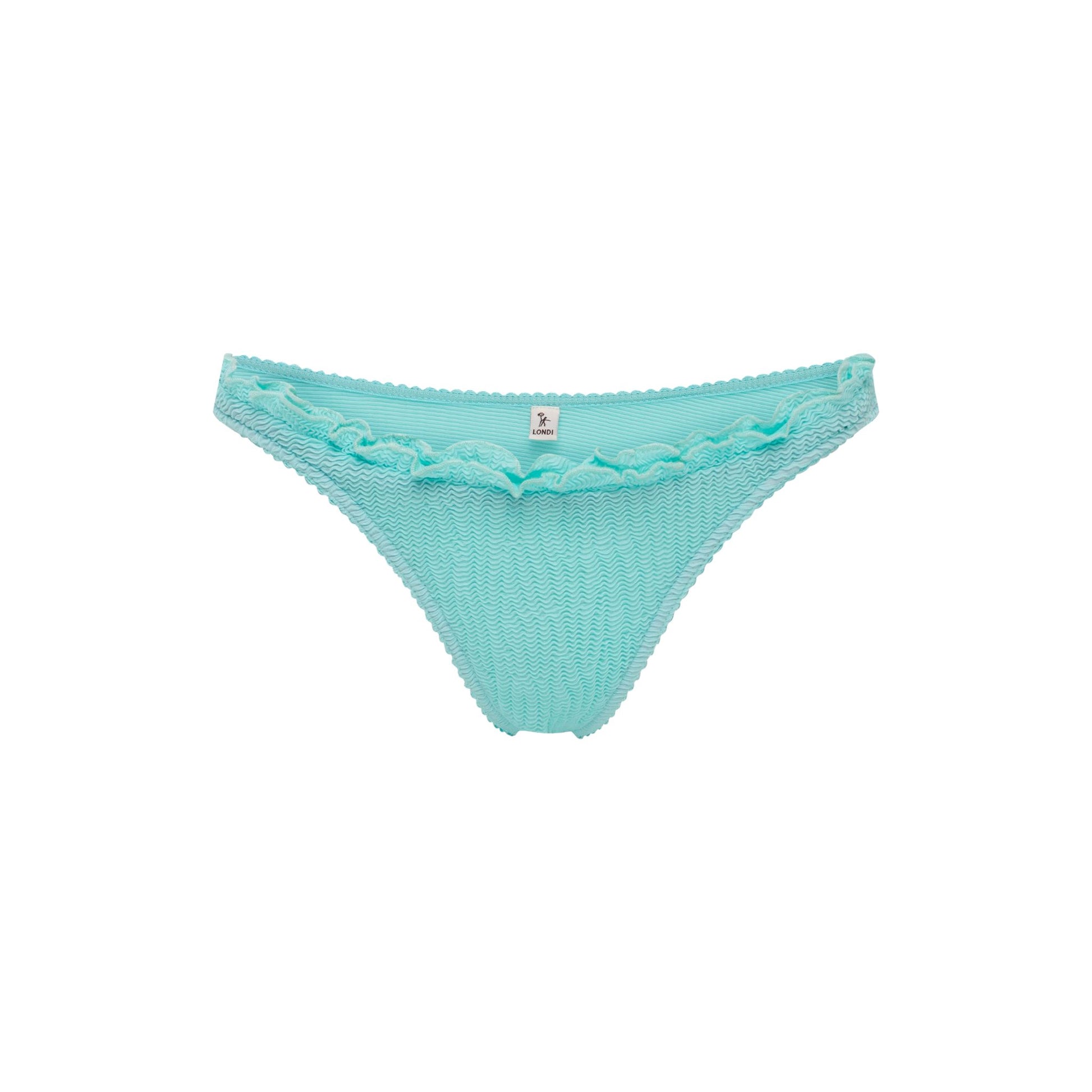 Mint bikini bottoms with ruffle trim along waistband and sides
