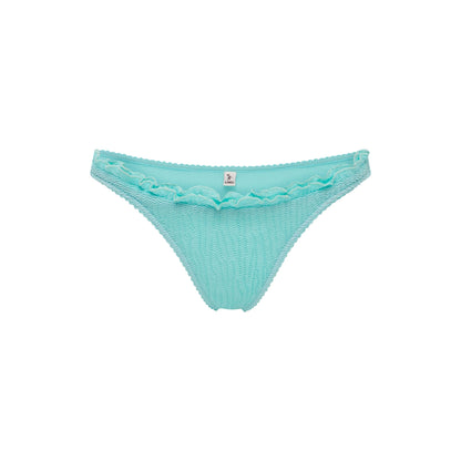 Mint bikini bottoms with ruffle trim along waistband and sides
