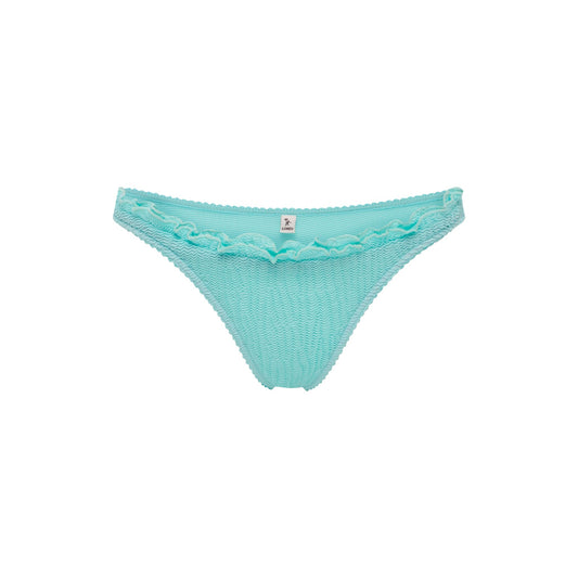 Mint bikini bottoms with ruffle trim along waistband and sides