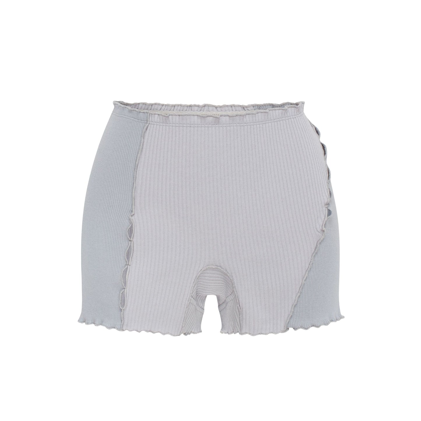 Light blue ribbed knit shorts with elastic waistband and scalloped hem, decorative stitching.