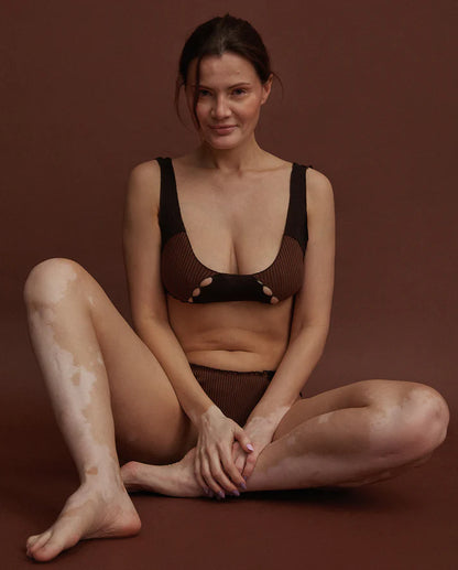 Brown ribbed bralette top with black straps and under-bust trim