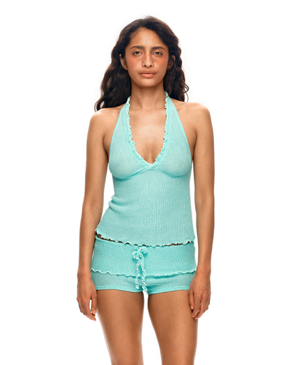 Mint tankini top with V-neck halter and center tie detail