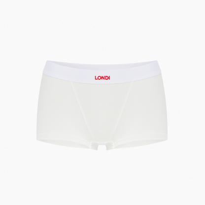 White soft boyshorts with LONDl waistband, seamless front and full coverage