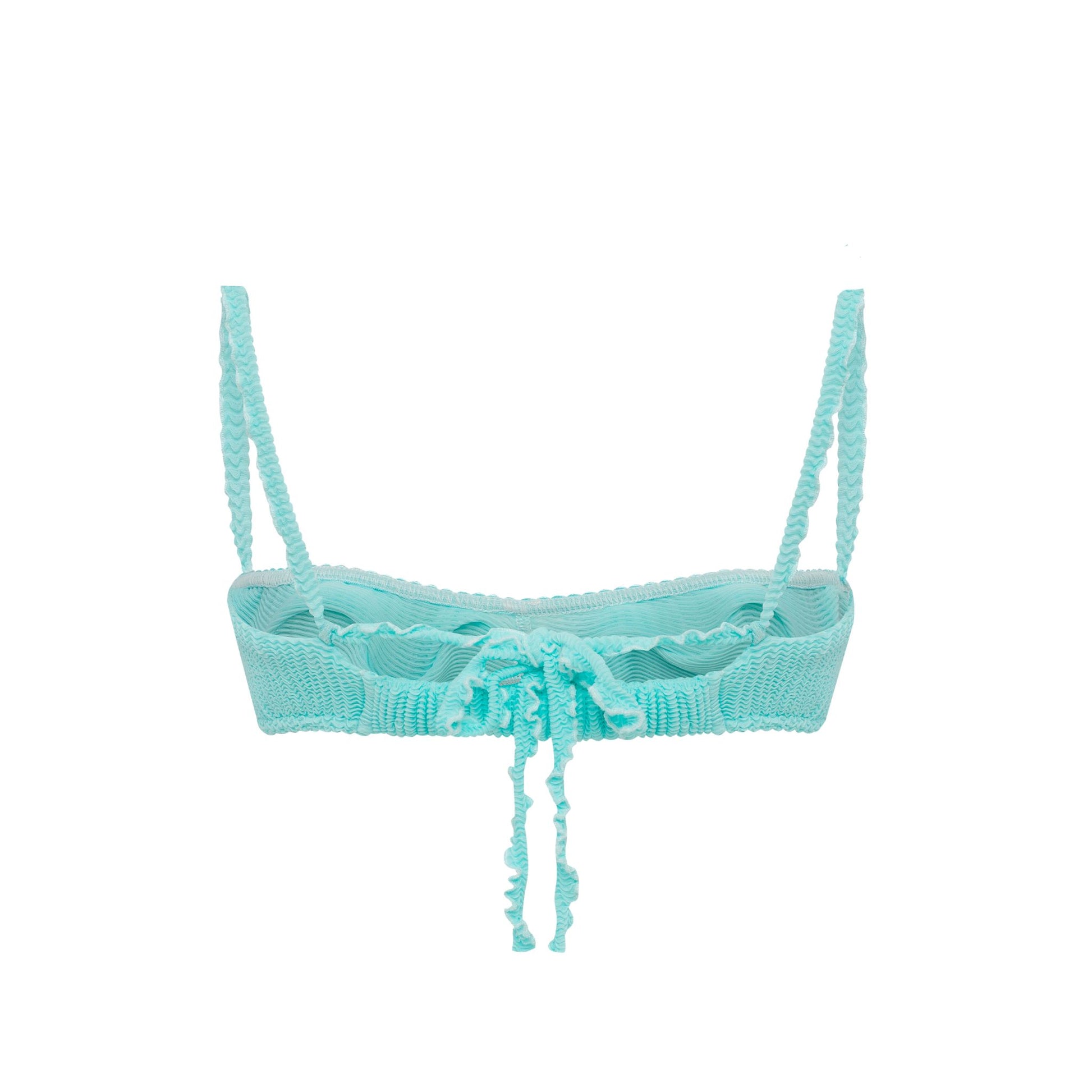 Mint wave ruffle bikini top with center tie detail and thin shoulder straps