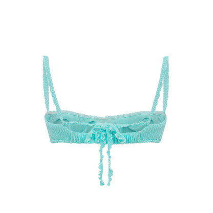 Mint wave ruffle bikini top with center tie detail and thin shoulder straps
