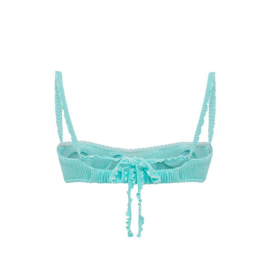 Mint wave ruffle bikini top with center tie detail and thin shoulder straps