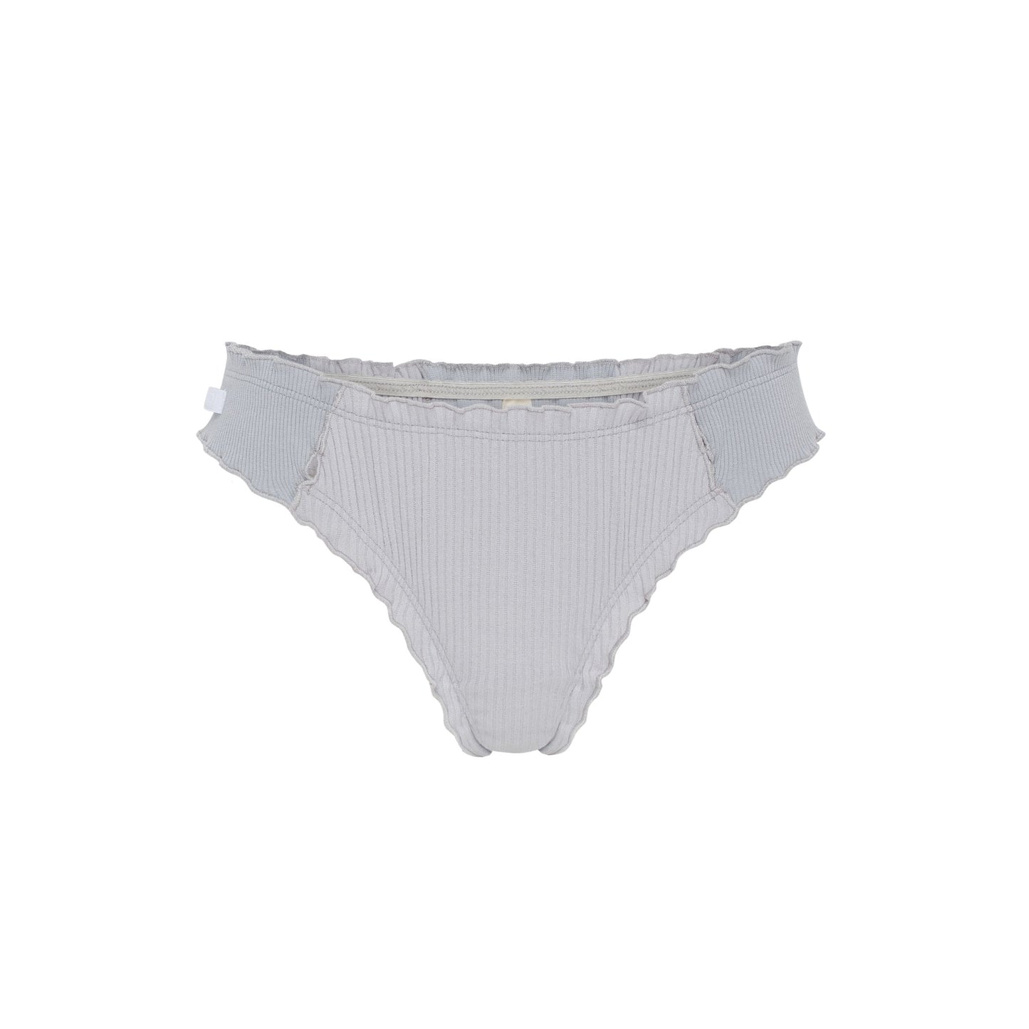 Blue ribbed tanga underwear with ruffled trim and scalloped edges