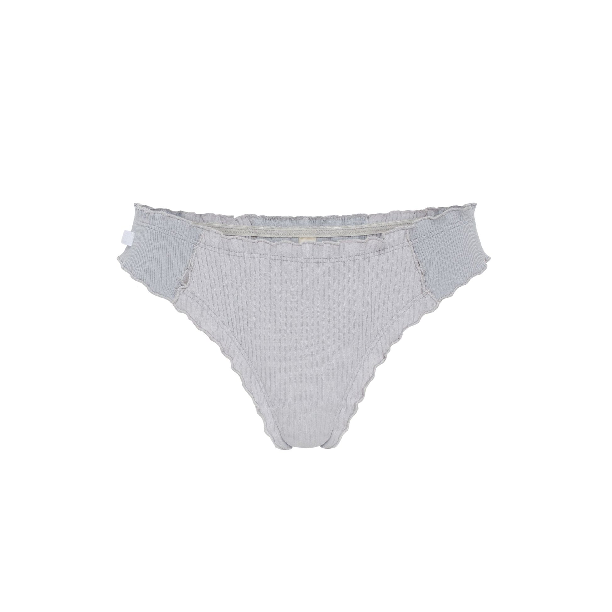 Blue ribbed tanga underwear with ruffled trim and scalloped edges