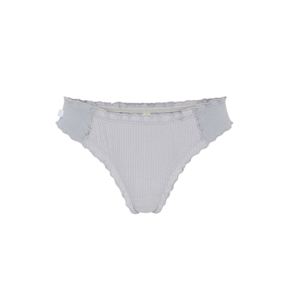 Blue ribbed tanga underwear with ruffled trim and scalloped edges