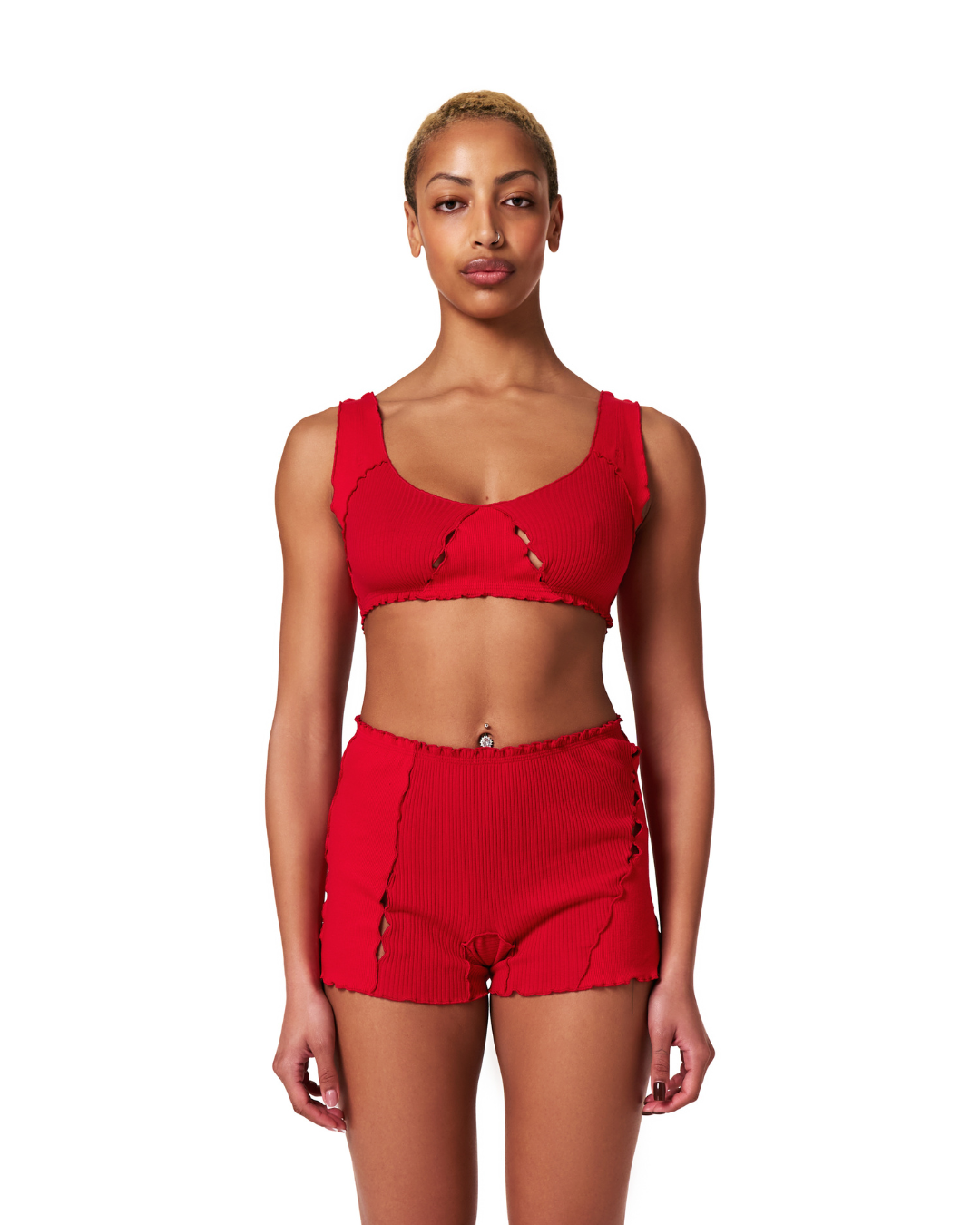 Red ribbed cropped bralette with curved underbust band and stitched cutout accents