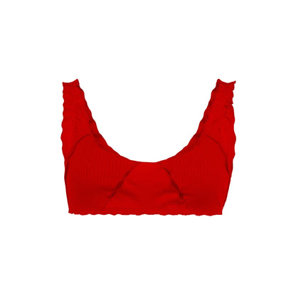Red ribbed cropped bralette top with scoop neckline and stitched cutout detailing