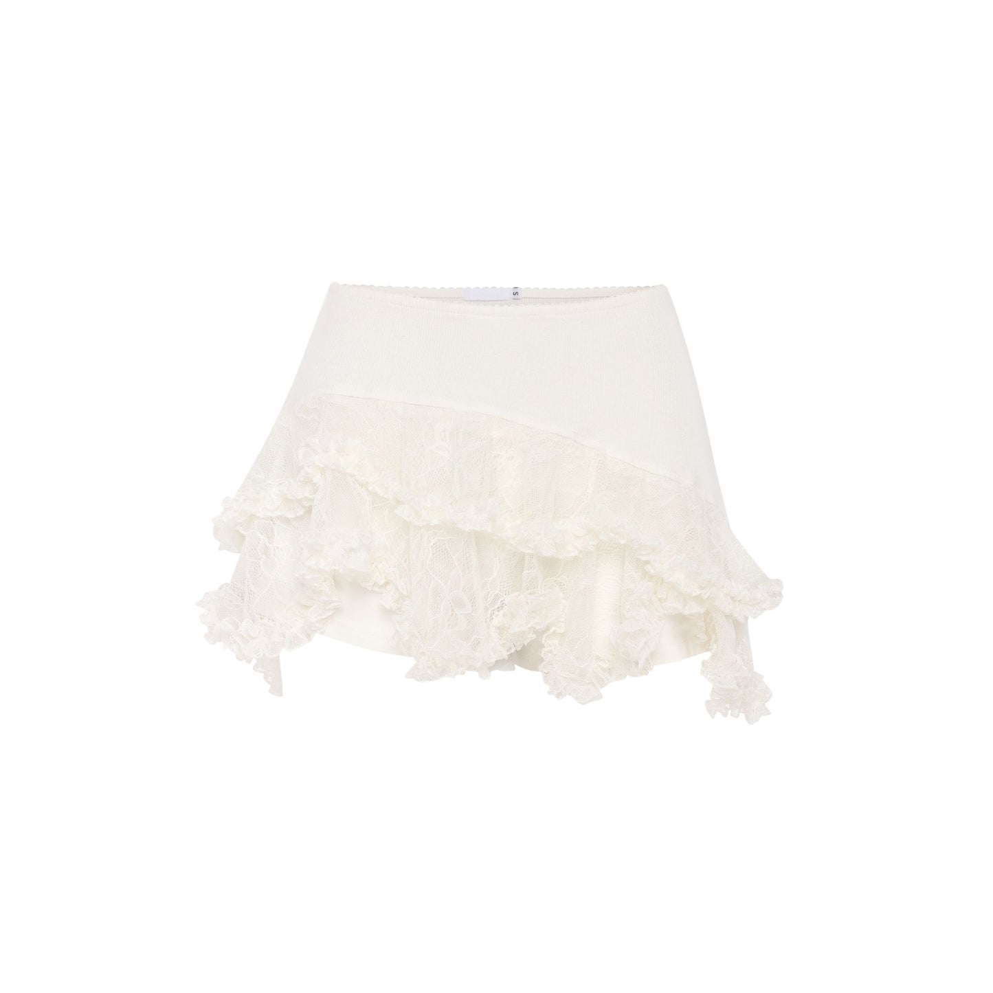 White double skort with layered ruffle hem and scalloped edge