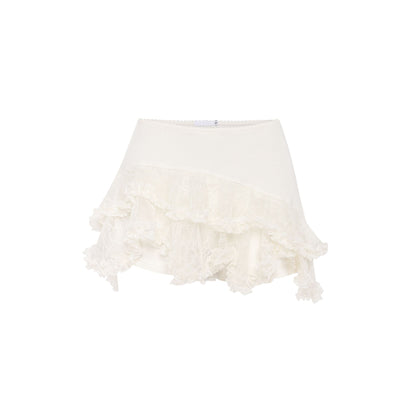 White double skort with layered ruffle hem and scalloped edge
