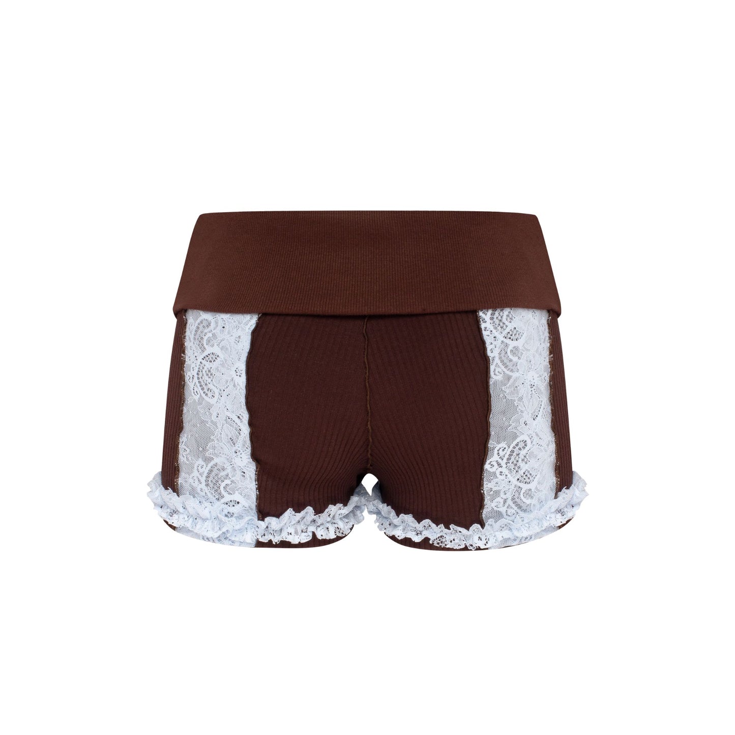 Shorts with Waistband in Brown with Blue Lace