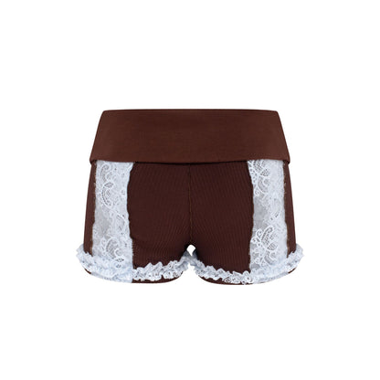 Shorts with Waistband in Brown with Blue Lace