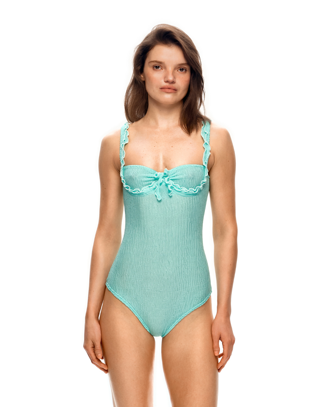 Mint one-piece swimsuit with wave ruffle bust and skinny shoulder straps