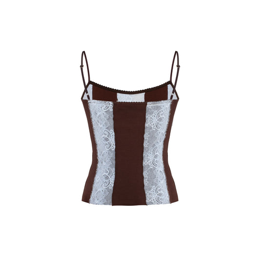 Tank Top in Brown with Blue Lace