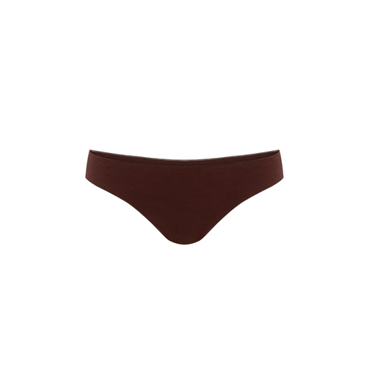 Brown seamless tanga underwear with smooth ribbed knit and wide waistband.
