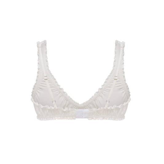 White ruched V-neck bralette top with scalloped bottom and adjustable straps