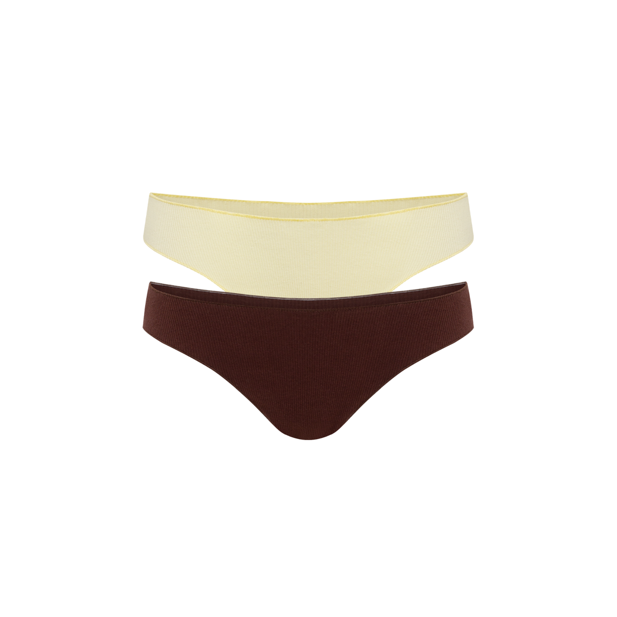 Seamless tanga set, yellow and dark brown, two-pack bottoms laid flat