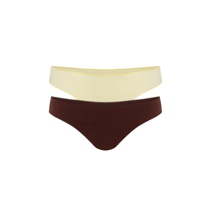 Seamless tanga set, yellow and dark brown, two-pack bottoms laid flat