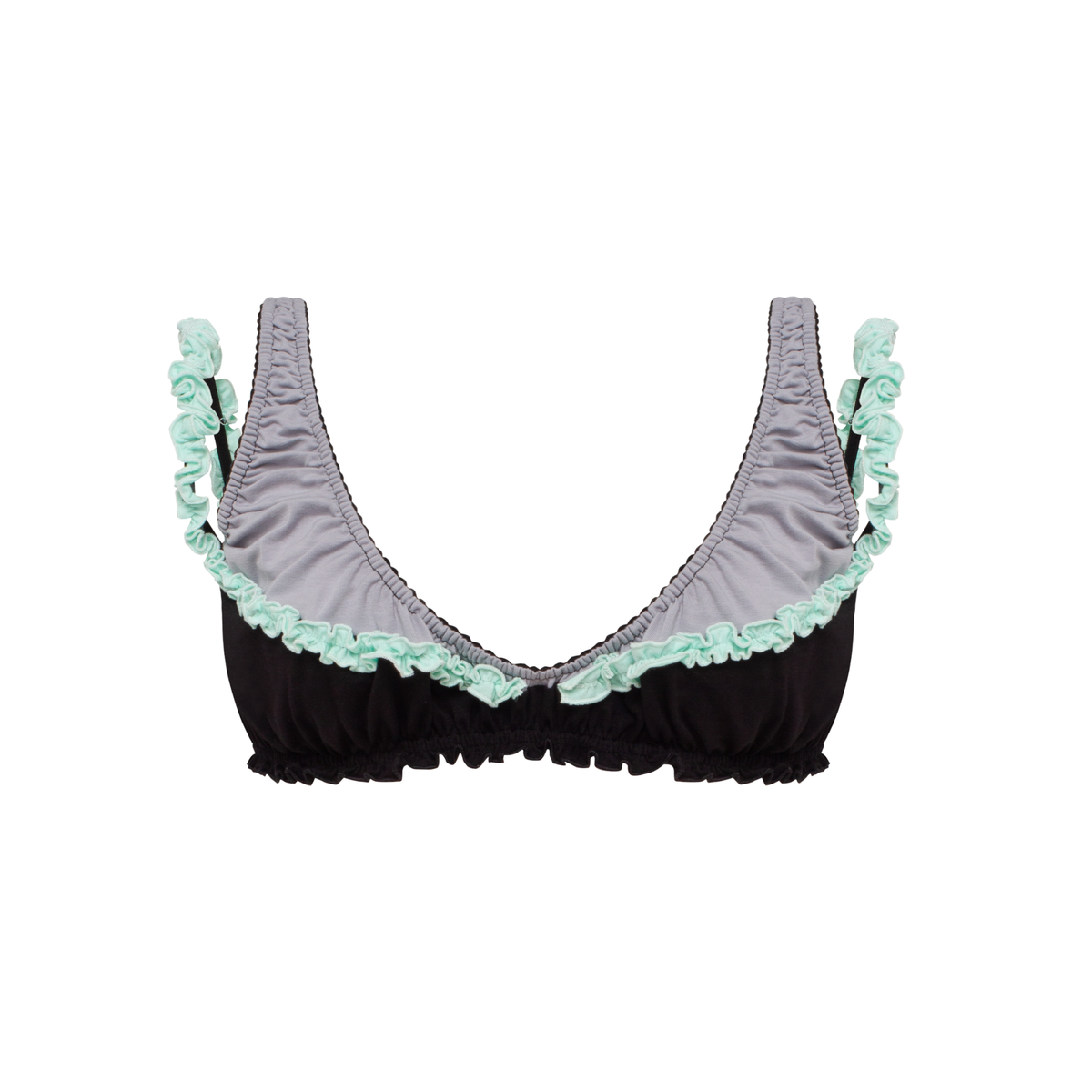 Black ruffle bralette with mint-green trim and ruched cups