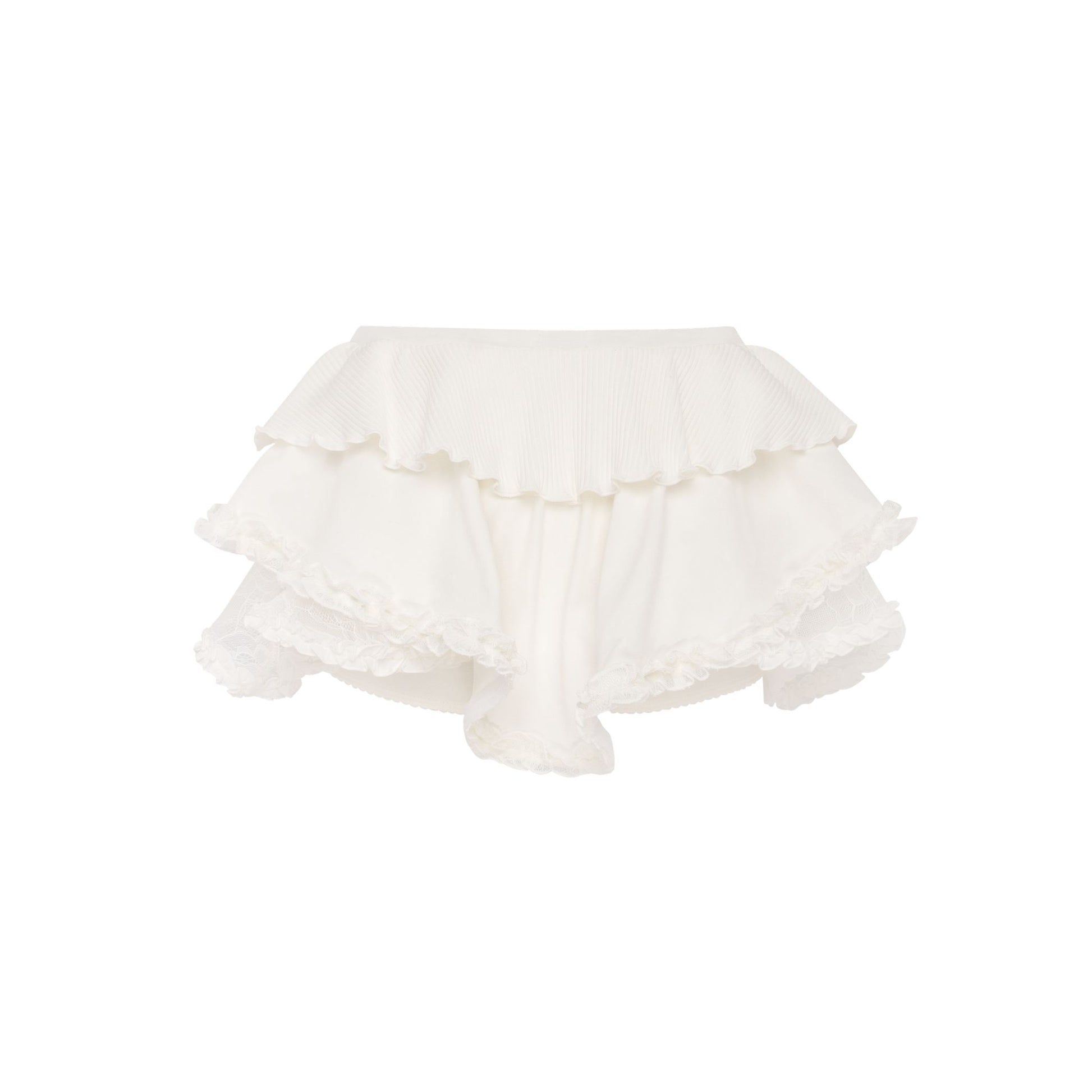White lace skort with tiered ruffle hem and gathered waistband