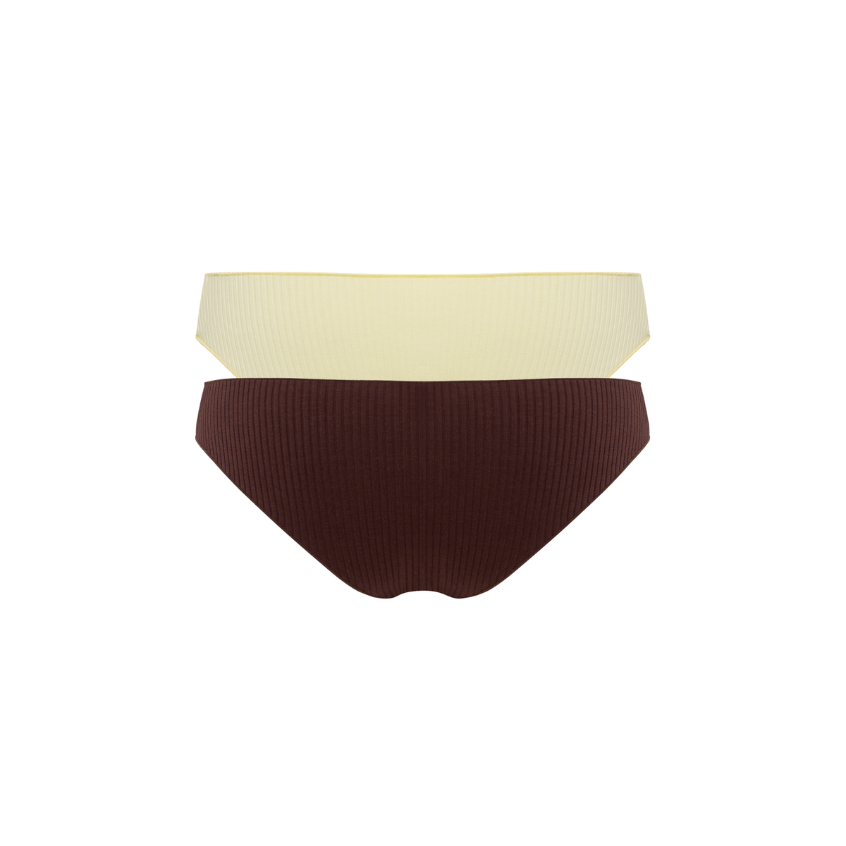 Seamless tanga set, yellow and dark brown, two-pack bottoms laid flat