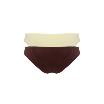 Seamless tanga set, yellow and dark brown, two-pack bottoms laid flat