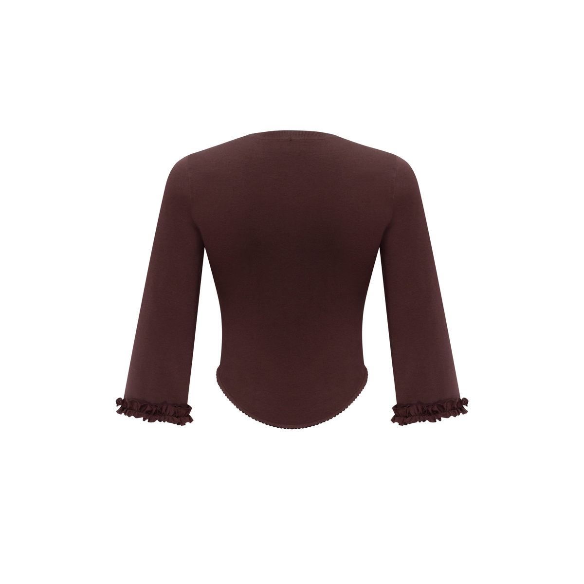 Brown long-sleeve top, back view, with frayed cuffs and curved hem