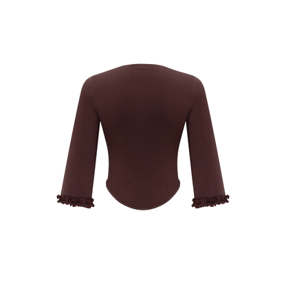 Brown long-sleeve top, back view, with frayed cuffs and curved hem
