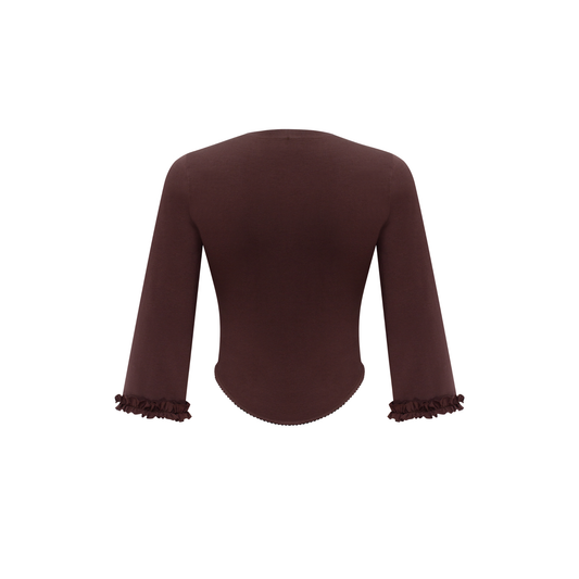 Brown long-sleeve top, back view, with frayed cuffs and curved hem